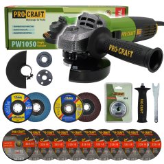 PROCRAFT uhlová brúska SPW1050 + rýchloupínacia matica RM14, 10x rezací kotúč CD125x1,0, 2x lamelový