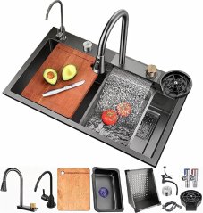 Kuchynský drez HD7545 FY COBRA čierny s vodopádom a miskami